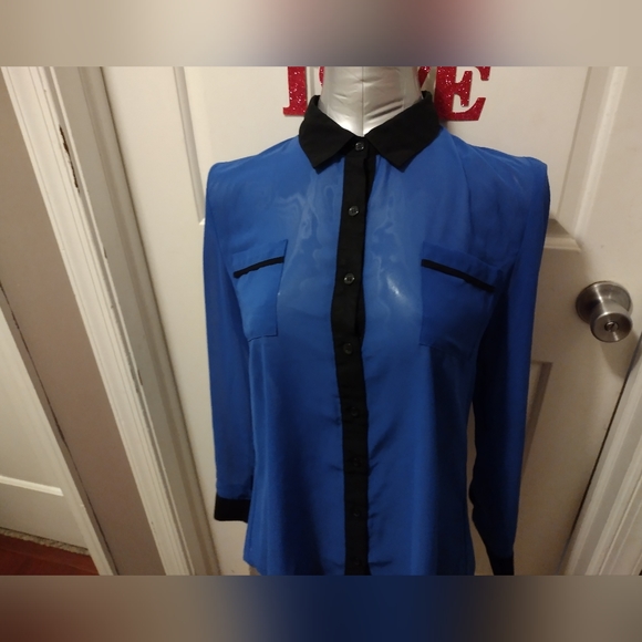 Mine Sheer Button Up Blouse Royal Blue & Black Size M NWOT - Picture 3 of 10